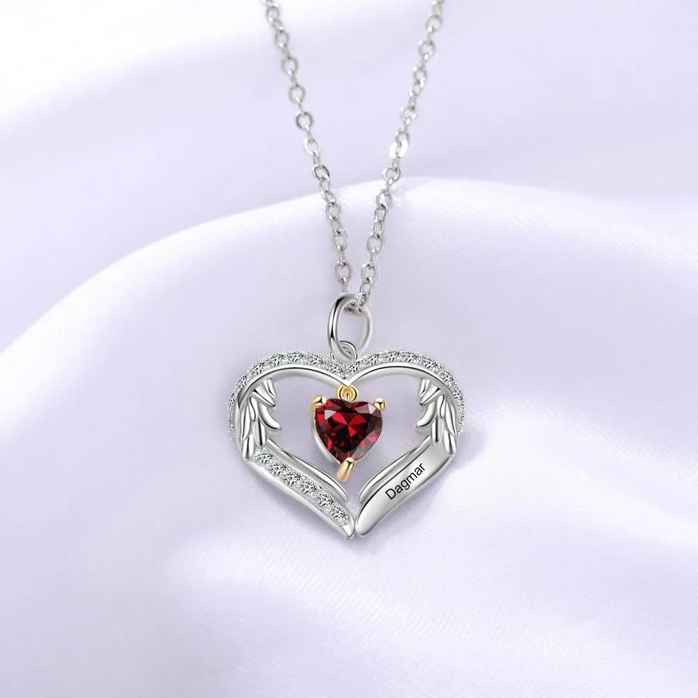 Personalized Sterling Silver Wings Necklace - 1 Custom Name 1 Birthstone