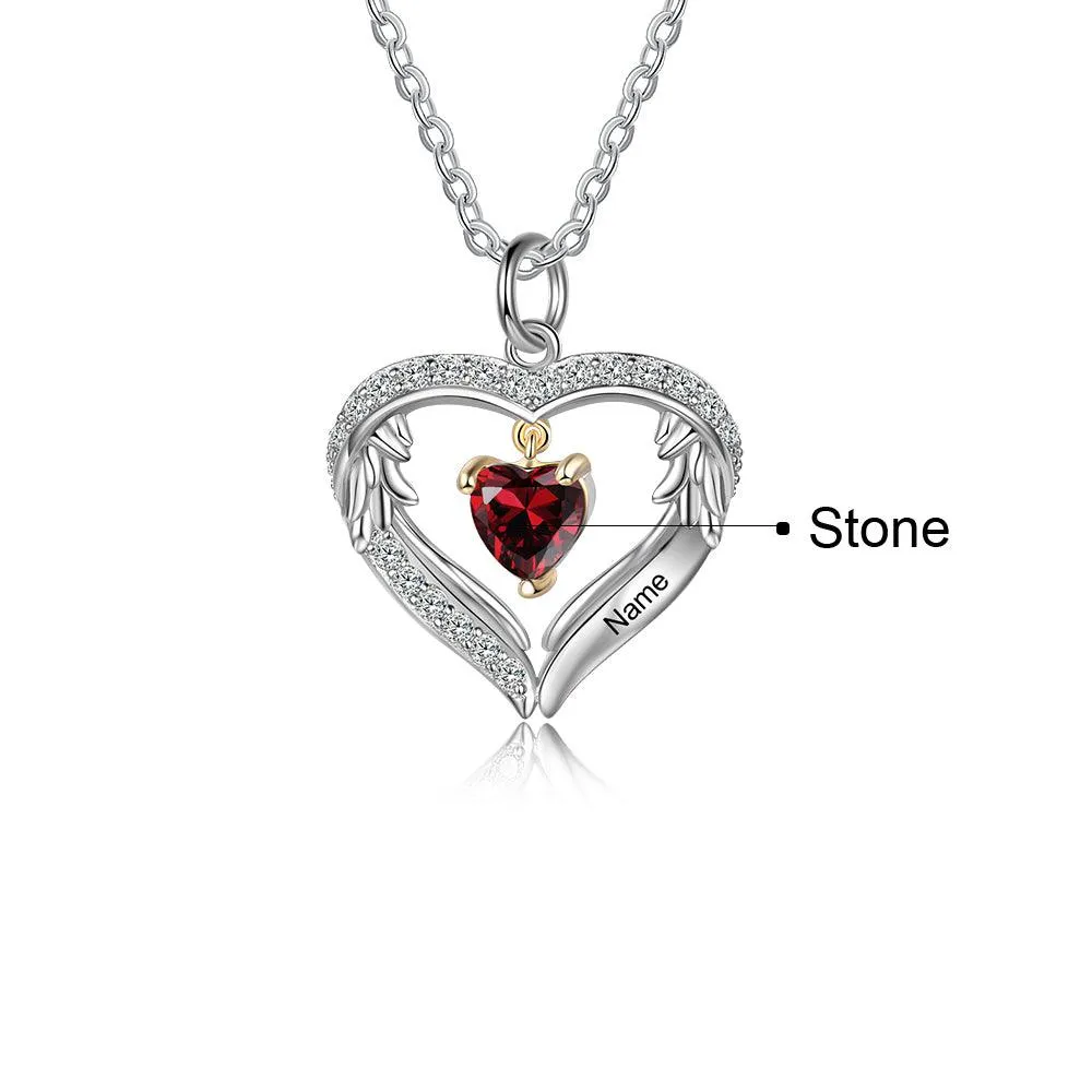 Personalized Sterling Silver Wings Necklace - 1 Custom Name 1 Birthstone