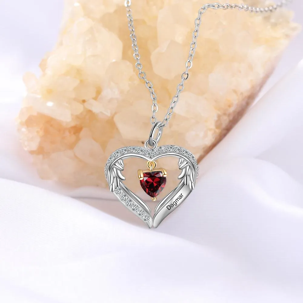 Personalized Sterling Silver Wings Necklace - 1 Custom Name 1 Birthstone