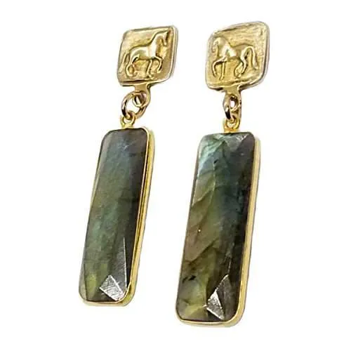 Piaffe Dressage Horse Earrings in Bronze with Gemstone Dangles
