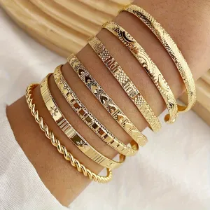 Pieces/Set Retro Ethnic Style Stacking Bracelets with Engraved Textured Openings, Adjustable Iron Bracelet Combinations