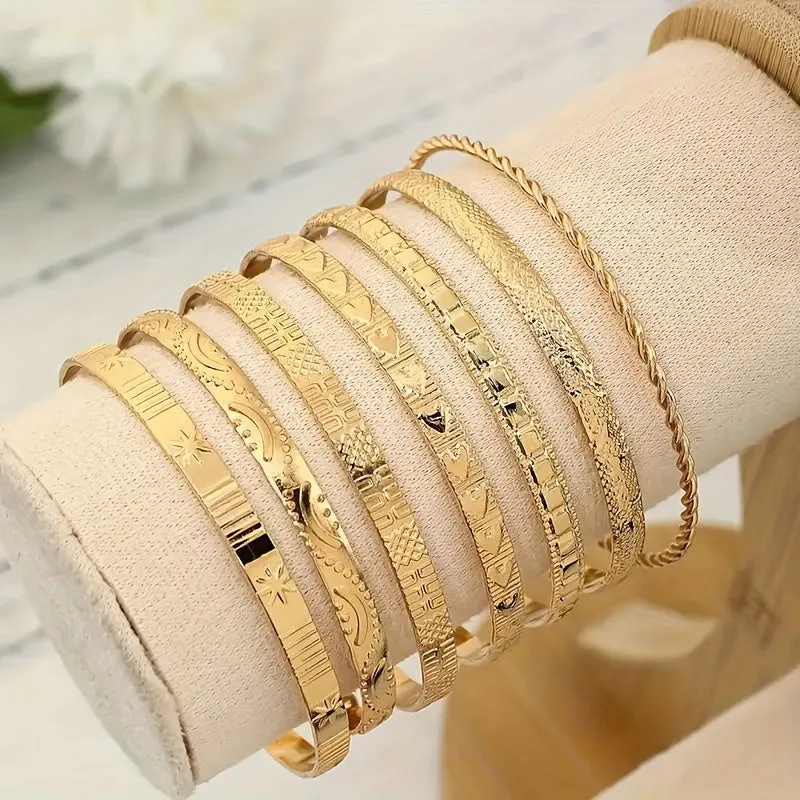 Pieces/Set Retro Ethnic Style Stacking Bracelets with Engraved Textured Openings, Adjustable Iron Bracelet Combinations