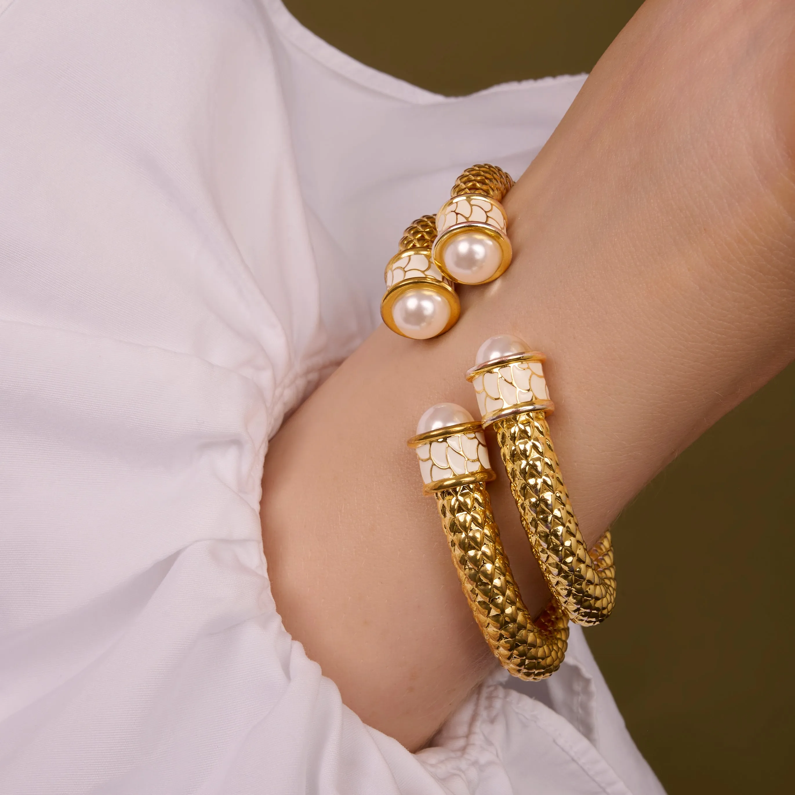 Salamander Torque Pearl & Gold Bangle