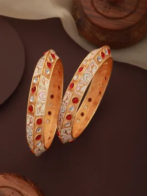 Set Of 2 Gold-Plated Red & White Kundan-Studded Meenakari Bangles