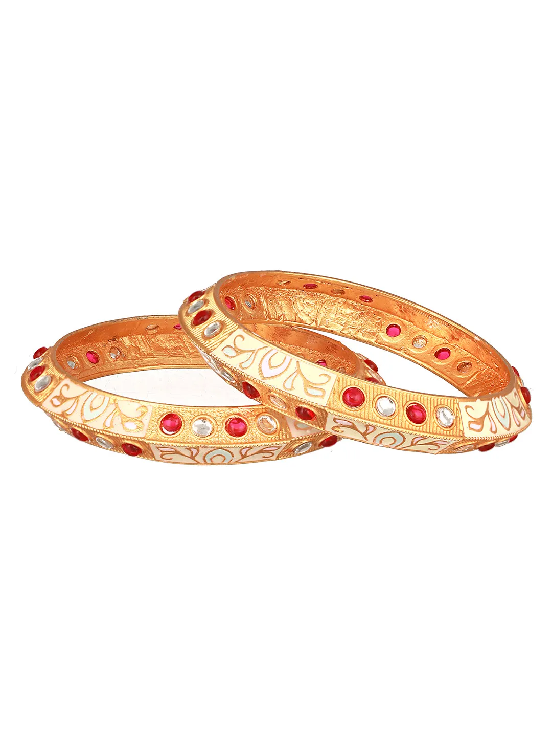 Set Of 2 Gold-Plated Red & White Kundan-Studded Meenakari Bangles