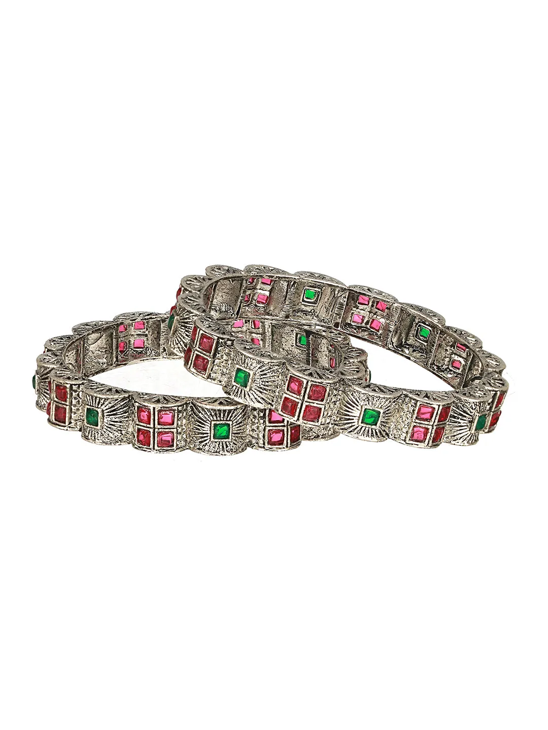 Set Of 2 Oxidized Silver-Plated Red & Green Stone Studded Bangles