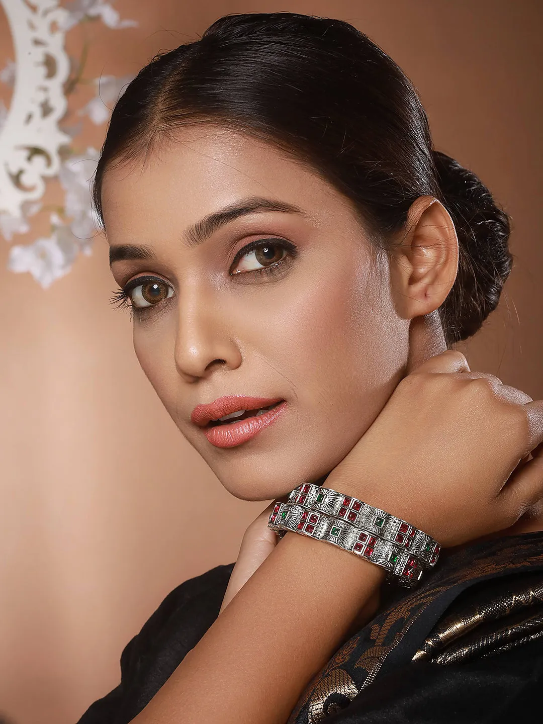 Set Of 2 Oxidized Silver-Plated Red & Green Stone Studded Bangles