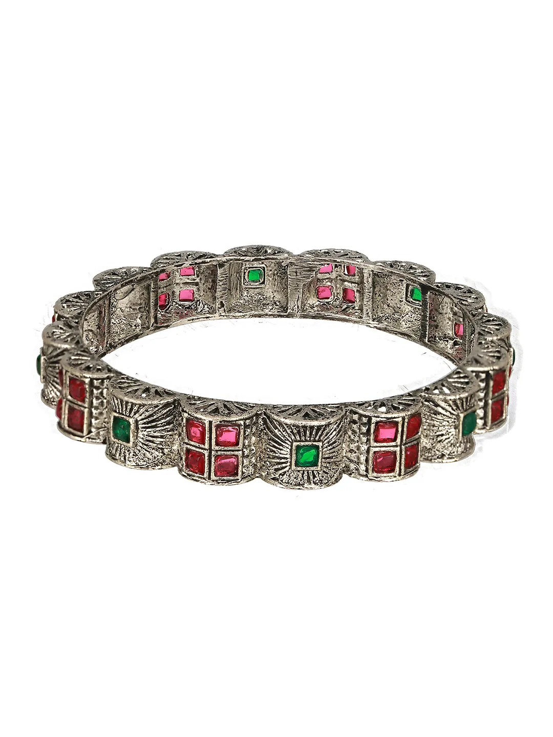 Set Of 2 Oxidized Silver-Plated Red & Green Stone Studded Bangles