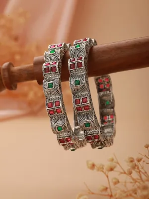 Set Of 2 Oxidized Silver-Plated Red & Green Stone Studded Bangles