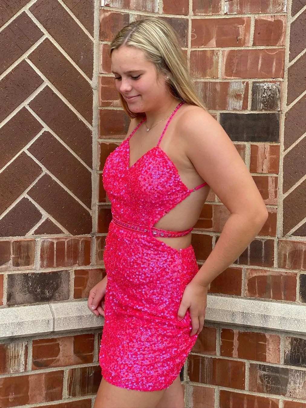 Shining V-Neck Spaghetti Straps Sequined Beaded Sheath Homecoming Dresses HD448