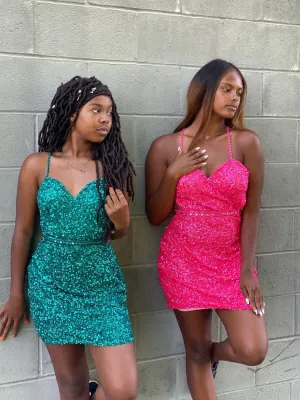 Shining V-Neck Spaghetti Straps Sequined Beaded Sheath Homecoming Dresses HD448