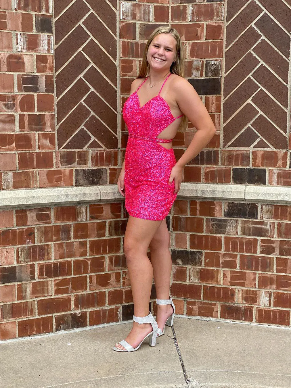 Shining V-Neck Spaghetti Straps Sequined Beaded Sheath Homecoming Dresses HD448