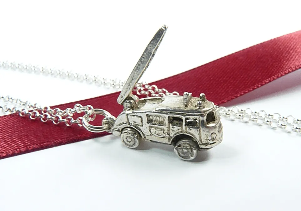 Solid Silver Vintage Fire Engine Lucky Charm Pendant With Sterling 18" Necklace