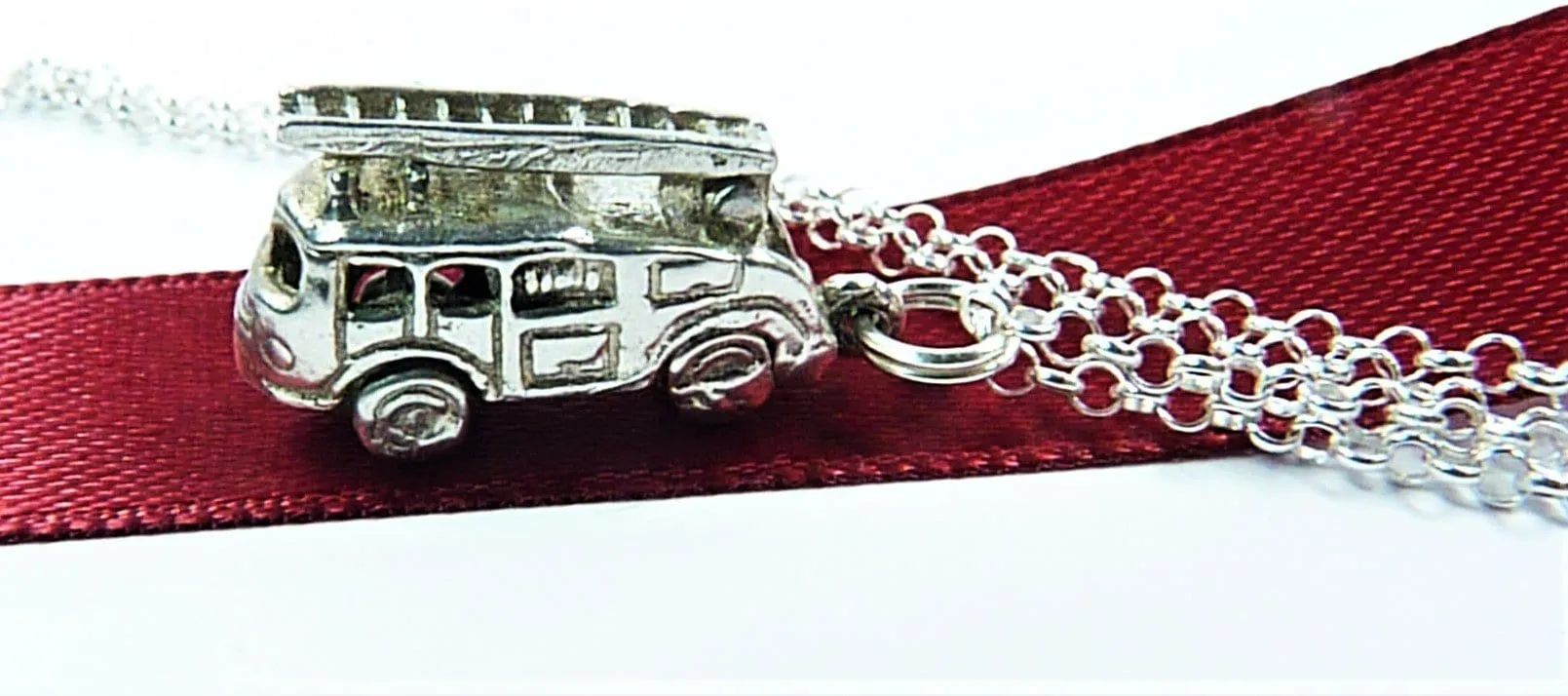 Solid Silver Vintage Fire Engine Lucky Charm Pendant With Sterling 18" Necklace