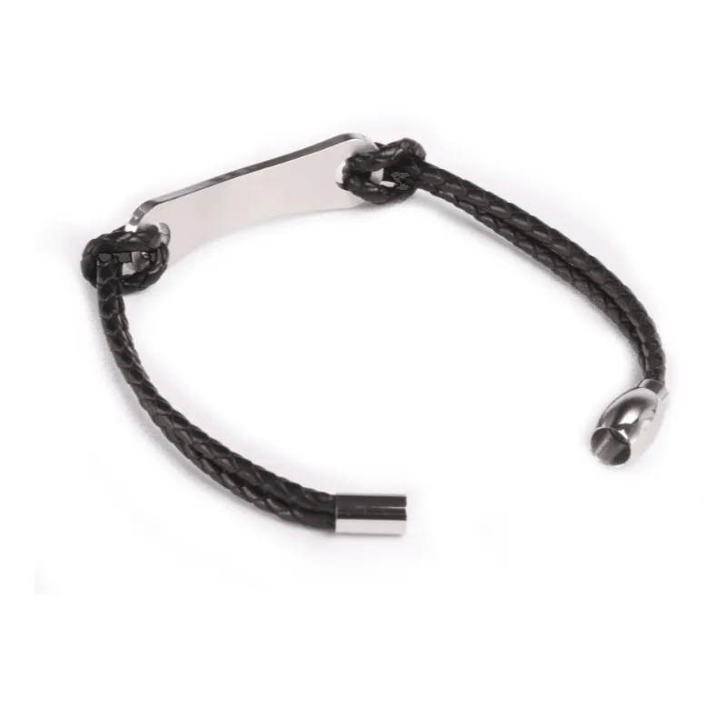 Stainless Steel with Black Leather  ID Bracelet
