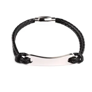 Stainless Steel with Black Leather  ID Bracelet