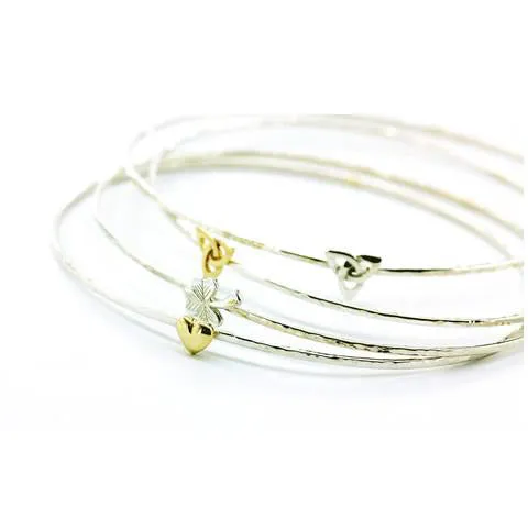 Sterling Silver Beaten Stacking Bangles, 14ct Gold Symbols