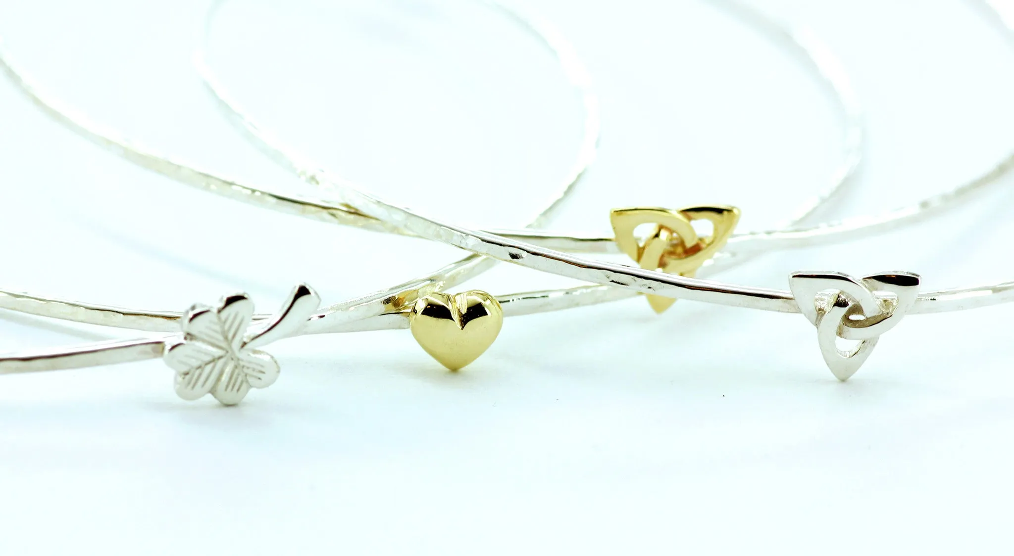 Sterling Silver Beaten Stacking Bangles, 14ct Gold Symbols