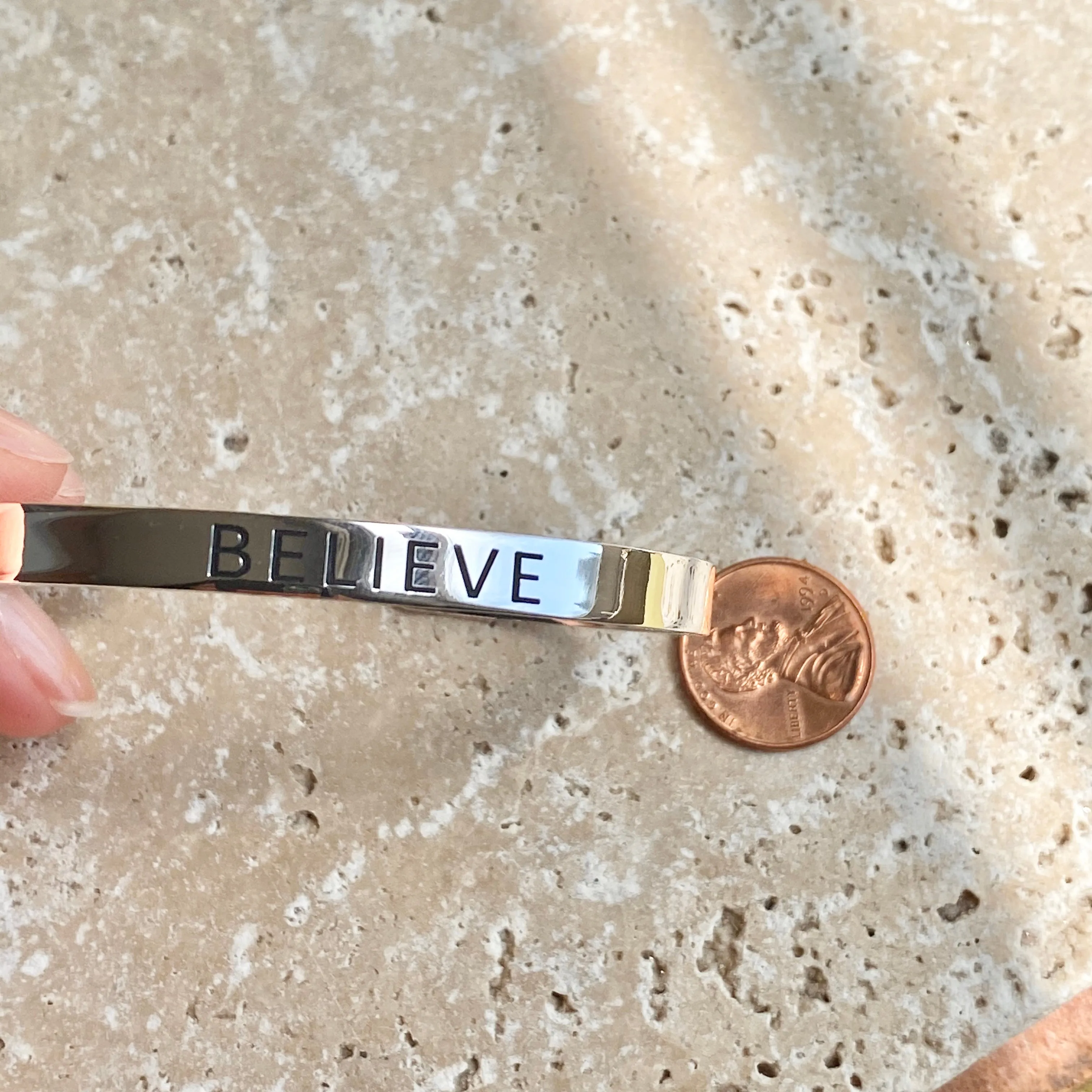 Sterling Silver Polished "Believe" Script Open Cuff Bangle Bracelet