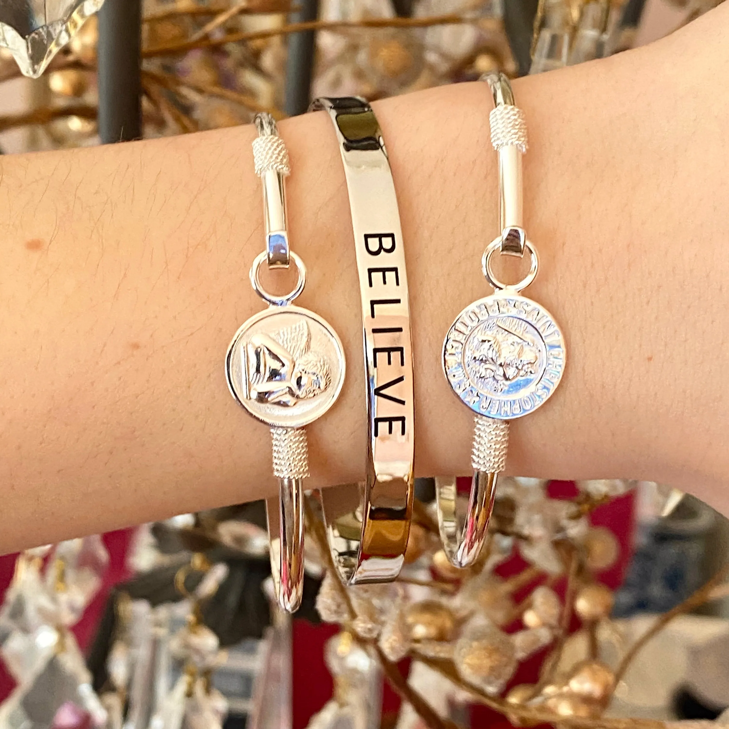 Sterling Silver Polished "Believe" Script Open Cuff Bangle Bracelet