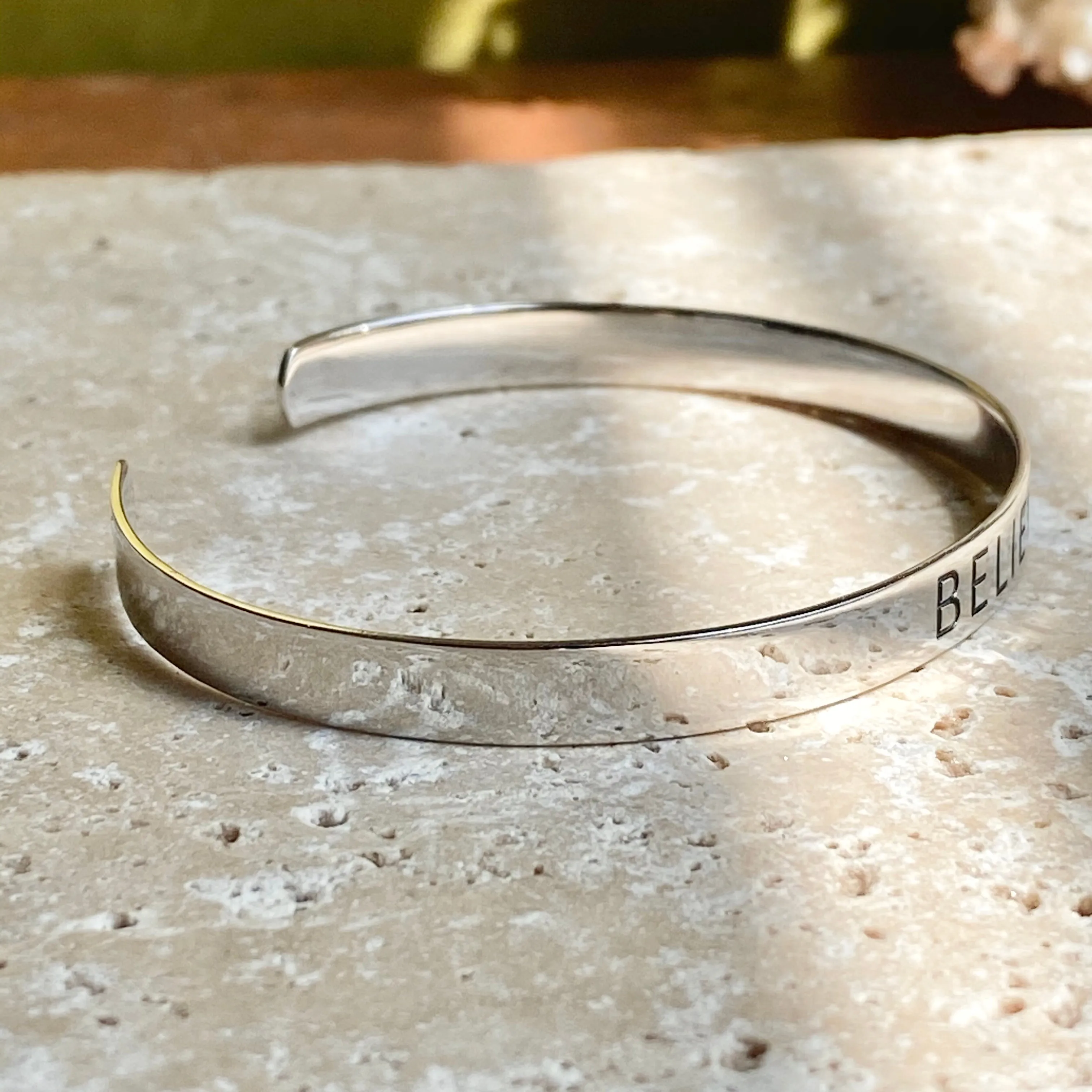 Sterling Silver Polished "Believe" Script Open Cuff Bangle Bracelet
