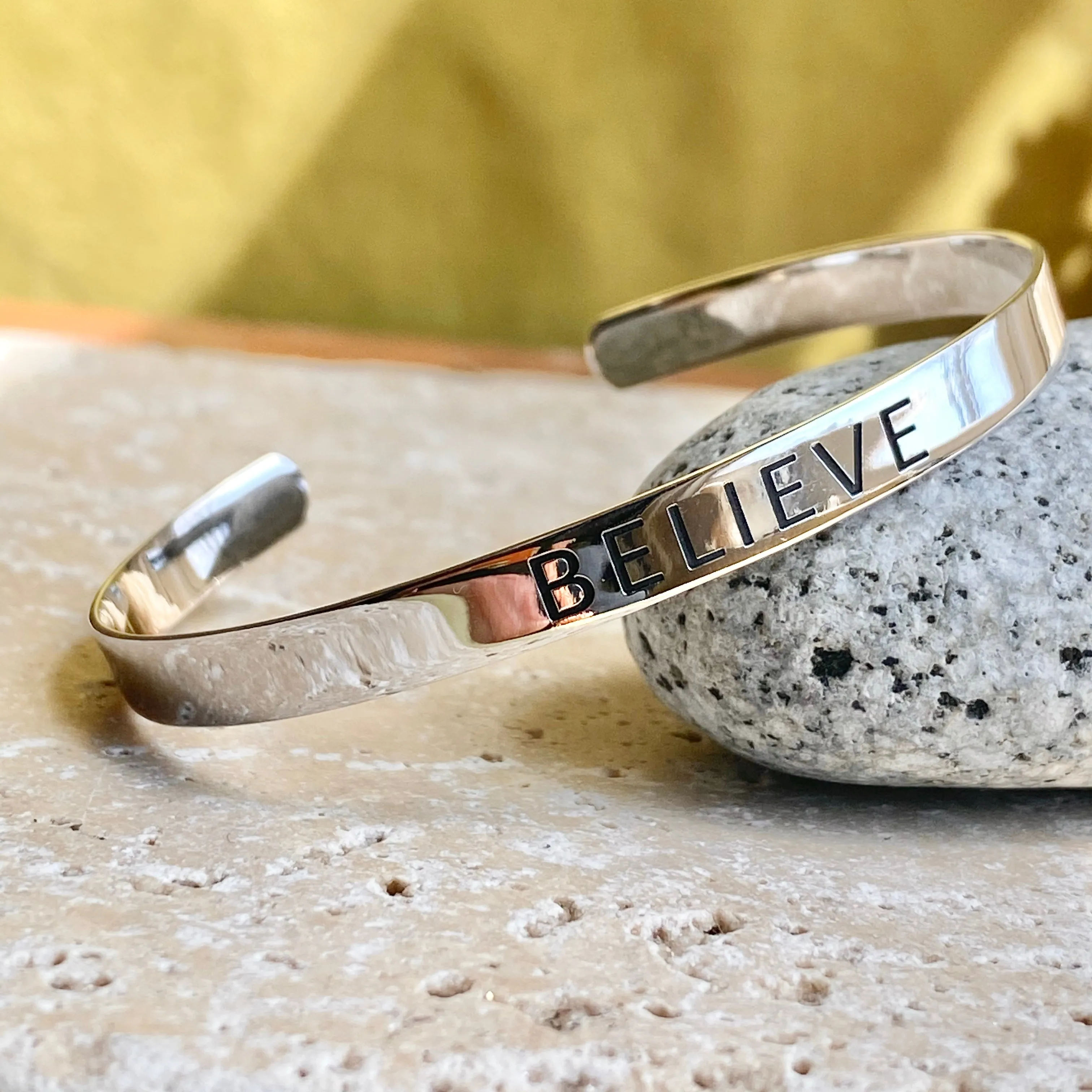 Sterling Silver Polished "Believe" Script Open Cuff Bangle Bracelet