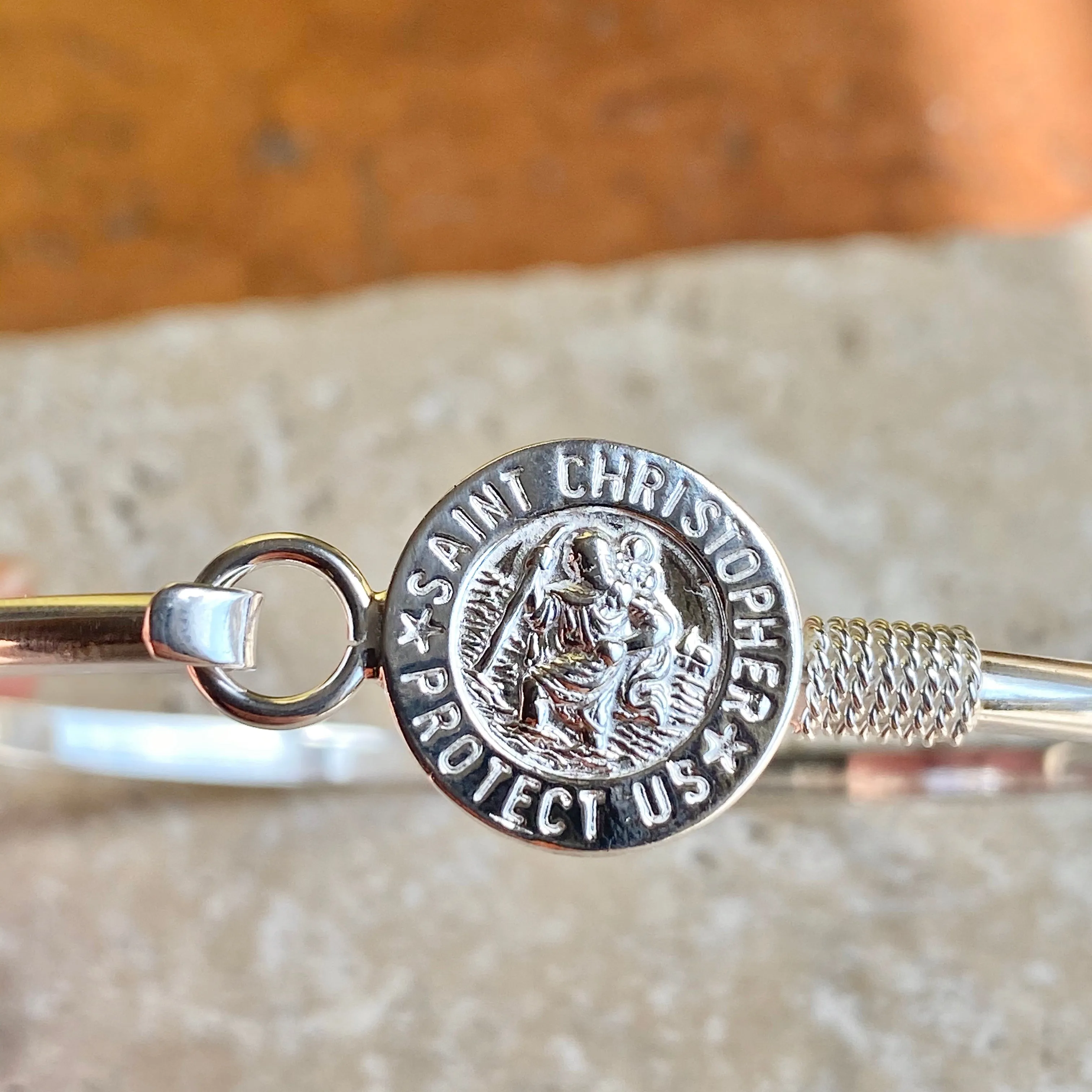Sterling Silver Polished St Christopher Medal Thin Bangle Bracelet