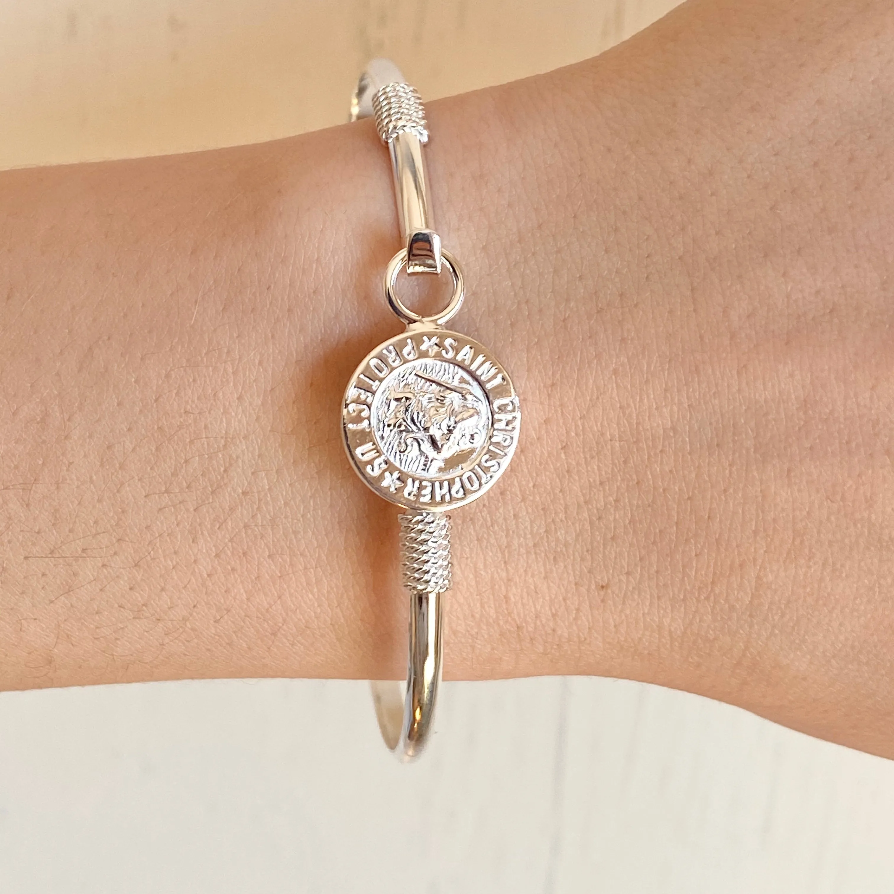 Sterling Silver Polished St Christopher Medal Thin Bangle Bracelet