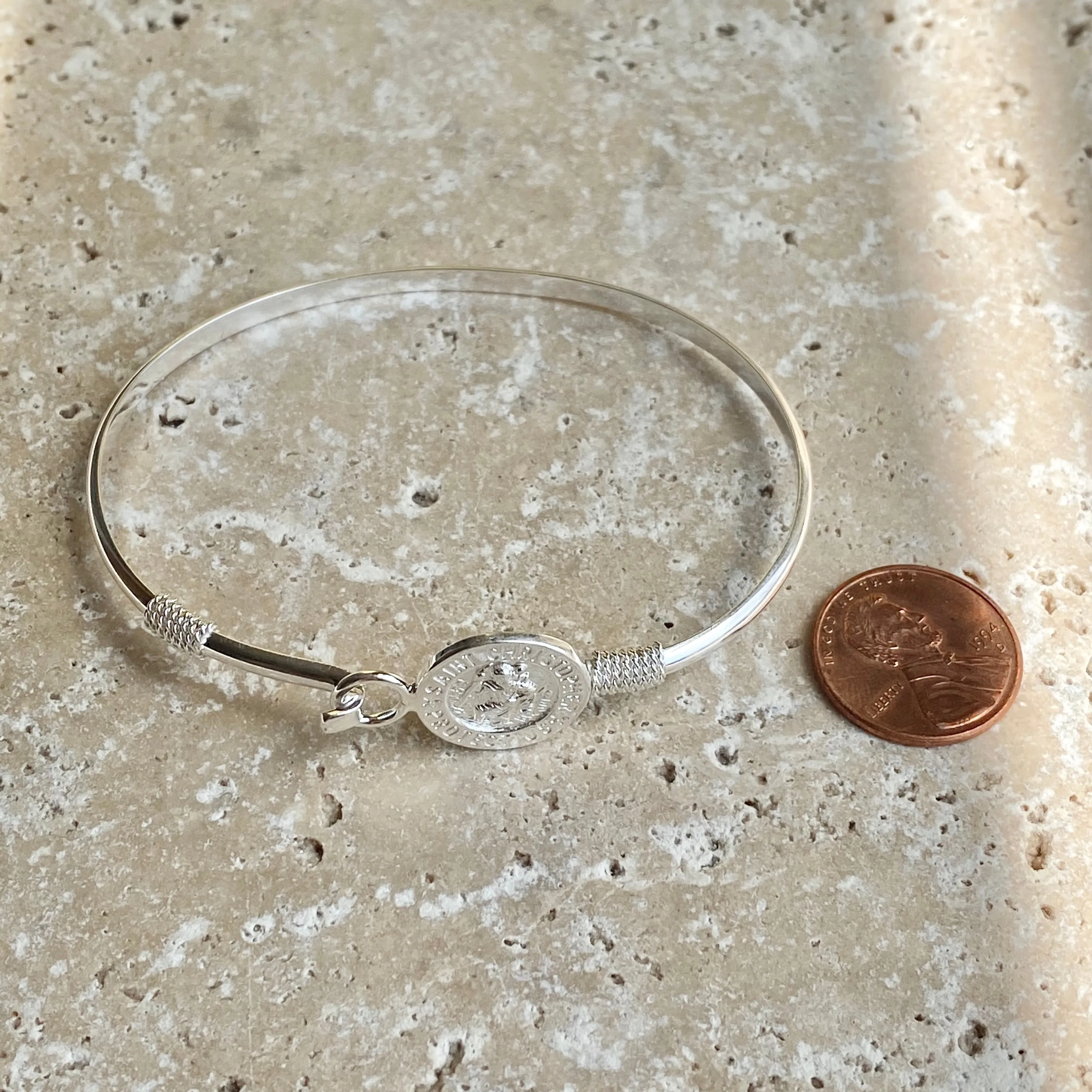 Sterling Silver Polished St Christopher Medal Thin Bangle Bracelet