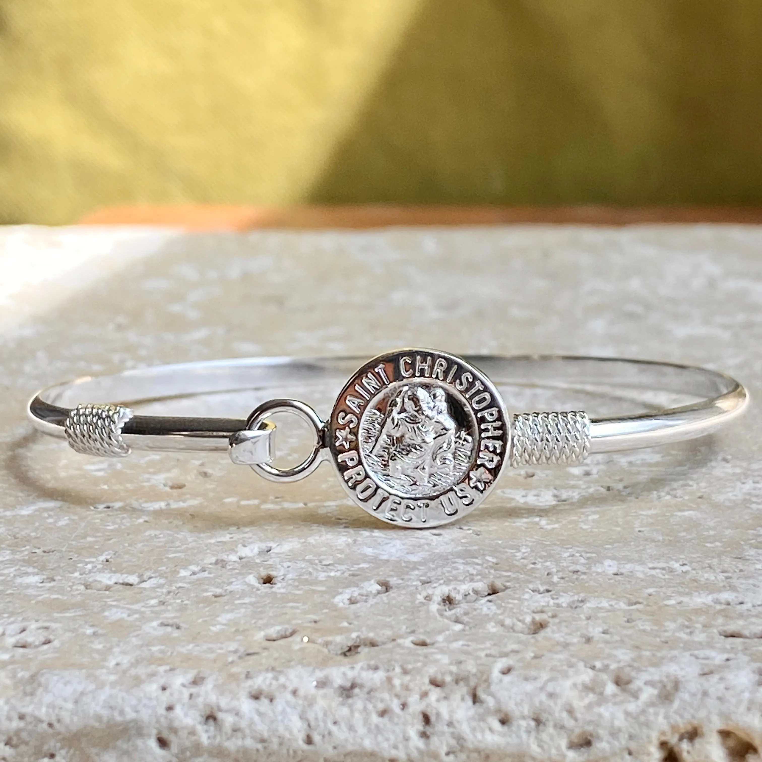 Sterling Silver Polished St Christopher Medal Thin Bangle Bracelet