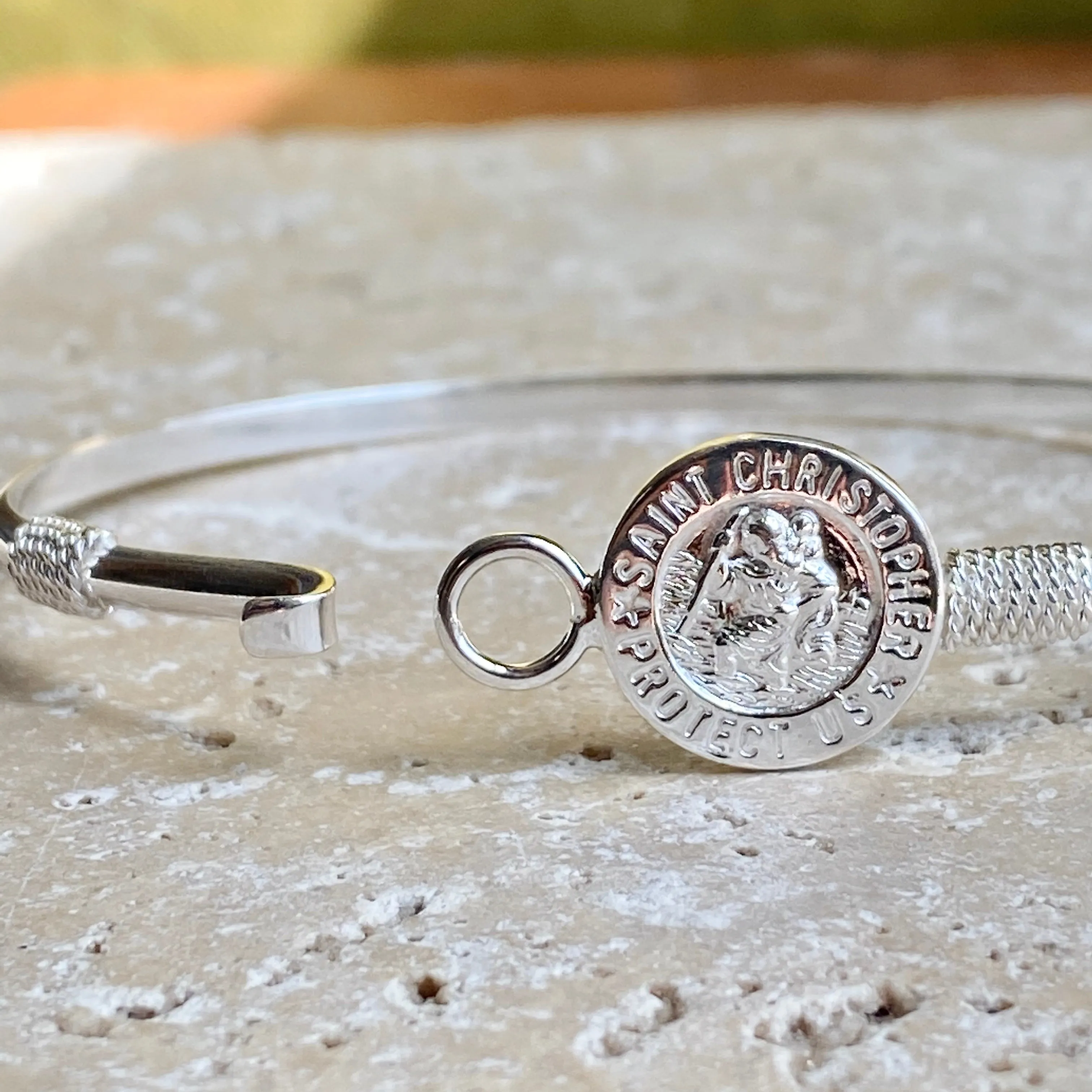 Sterling Silver Polished St Christopher Medal Thin Bangle Bracelet