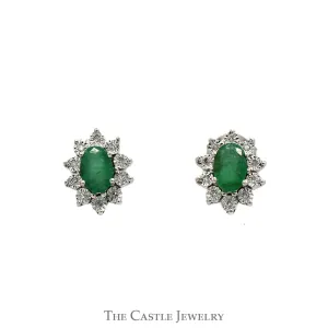 Stunning Oval Emerald Earrings with Diamond Halos in 10k White Gold