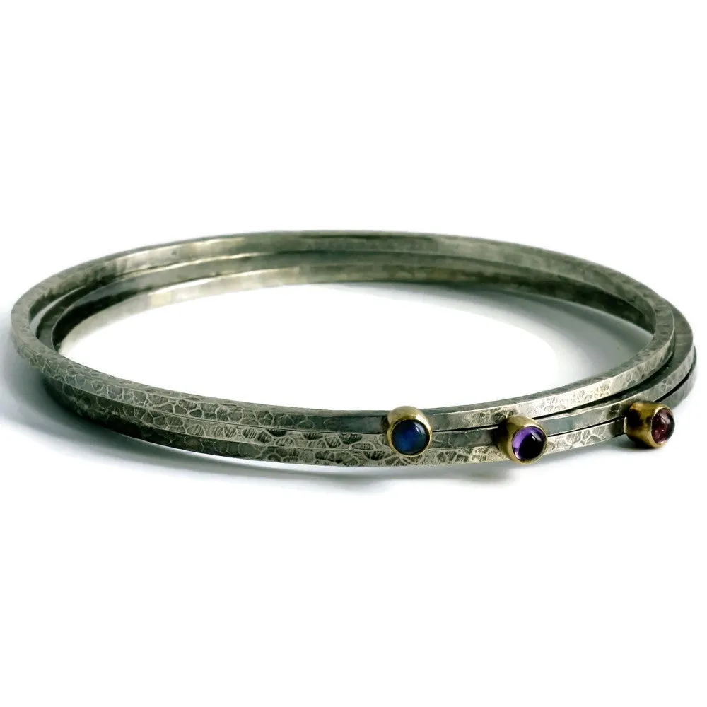 Three blossom gemstone silver and gold stacking bangles (save £80)