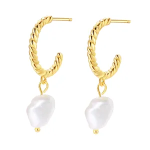 Twisted Hoop Pearl Drop Earrings Sterling Silver Gold