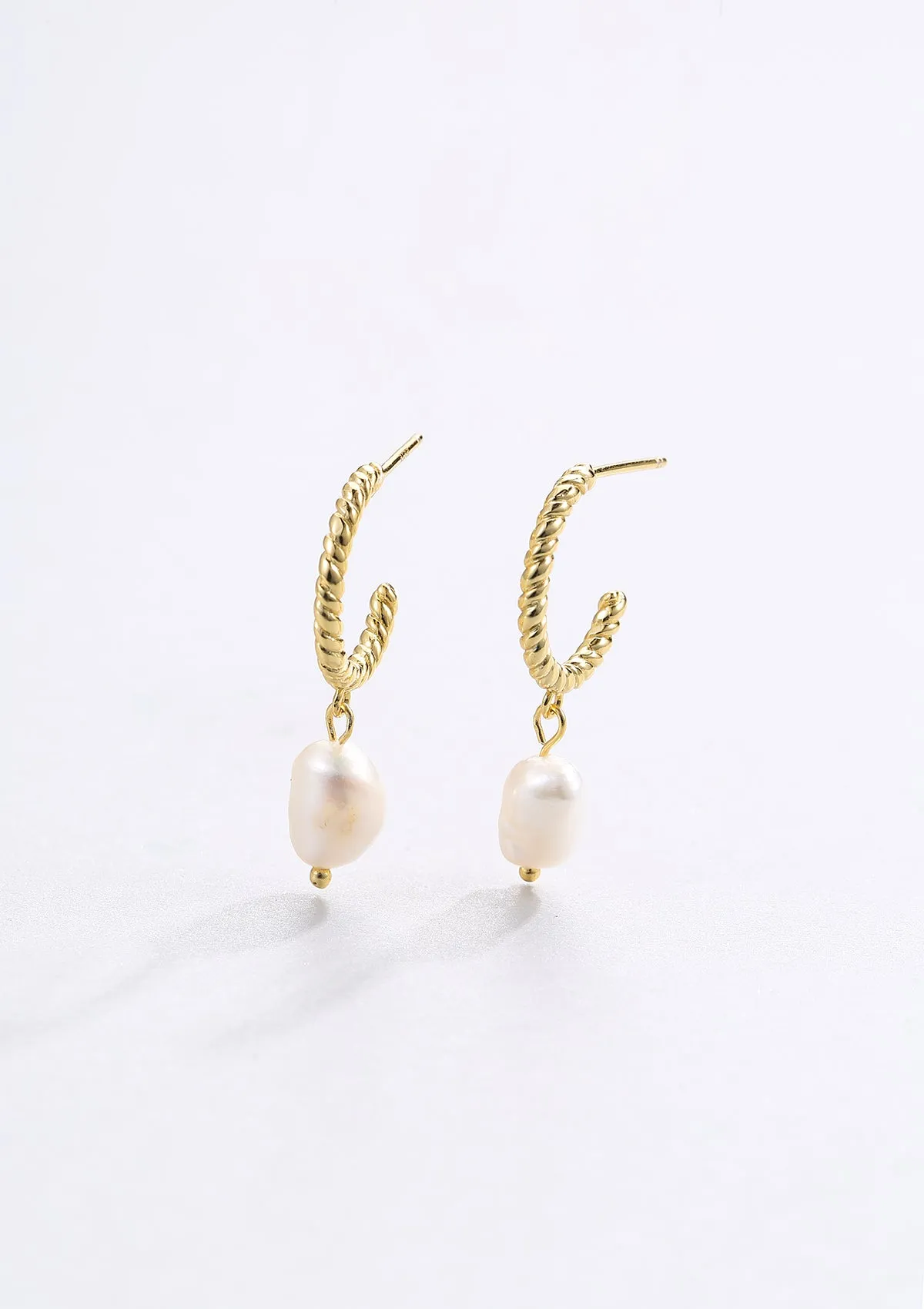 Twisted Hoop Pearl Drop Earrings Sterling Silver Gold