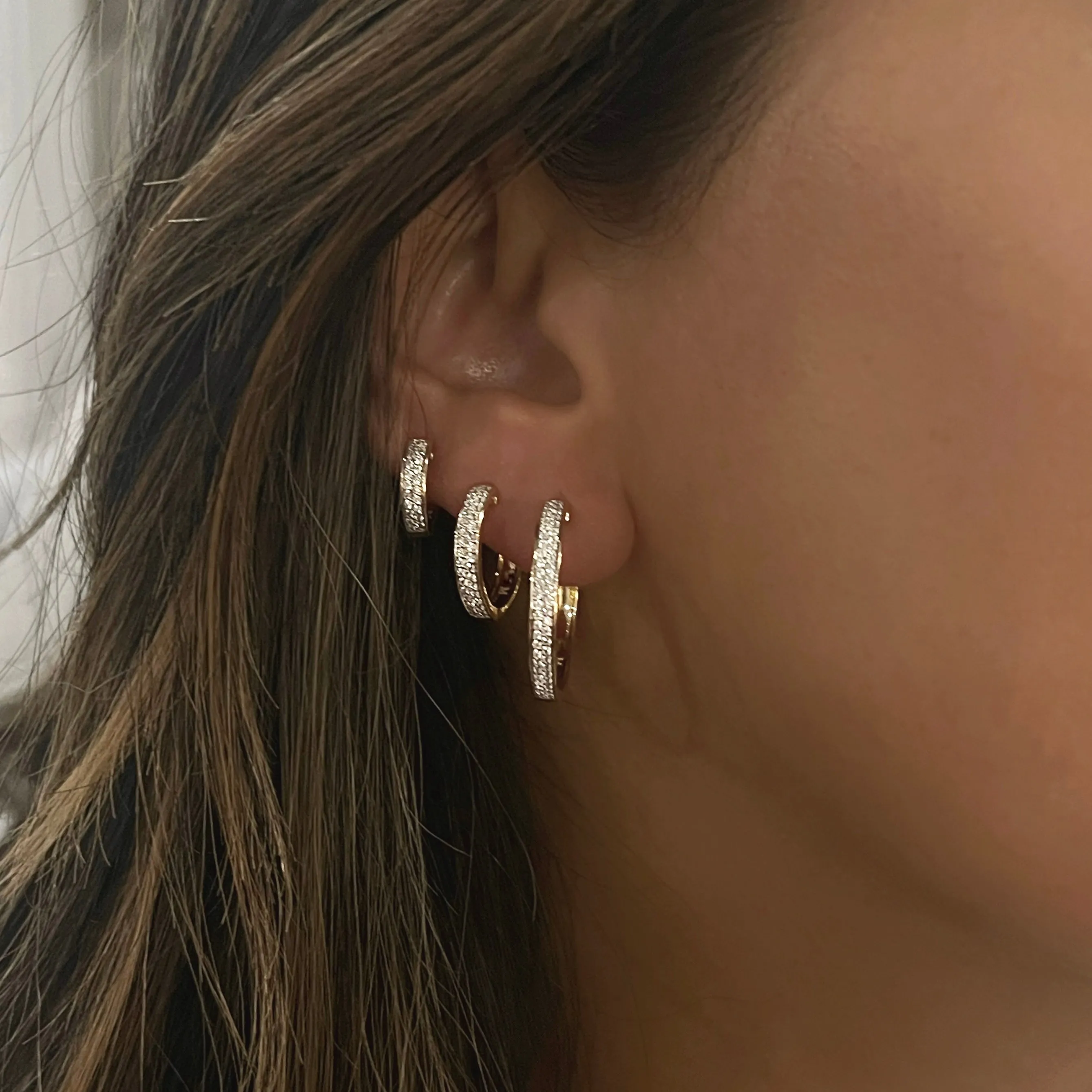Two Row Diamond and Gold Hoop Earrings