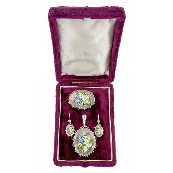 Victorian Enamel Locket Pendant, Locket & Earrings Parure