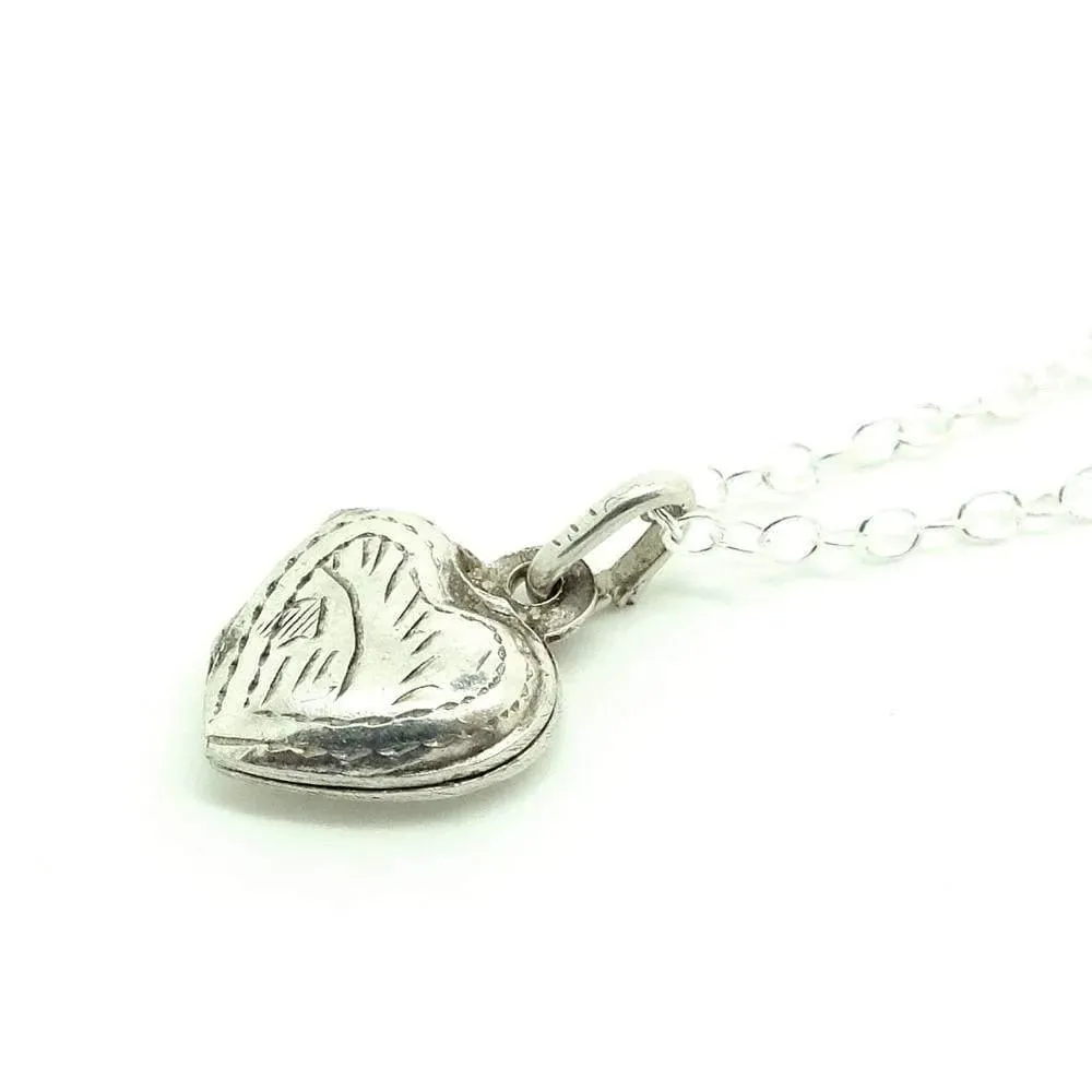 Vintage 1960s Silver Heart Engraved Locket Necklace
