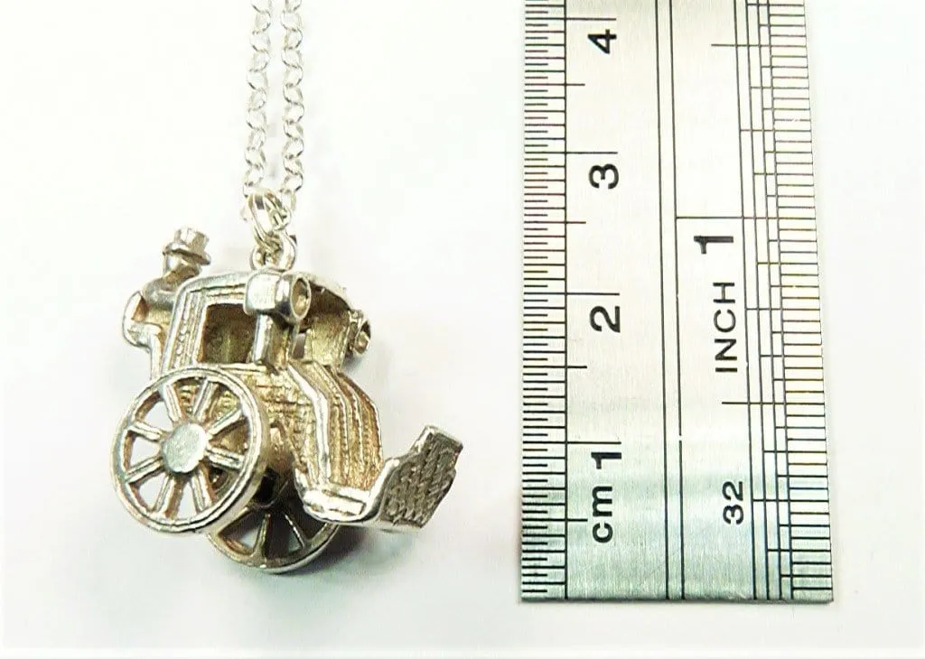 Vintage Sterling Silver Carriage Pendant Necklace 1970s Silver Coach Lucky Charm