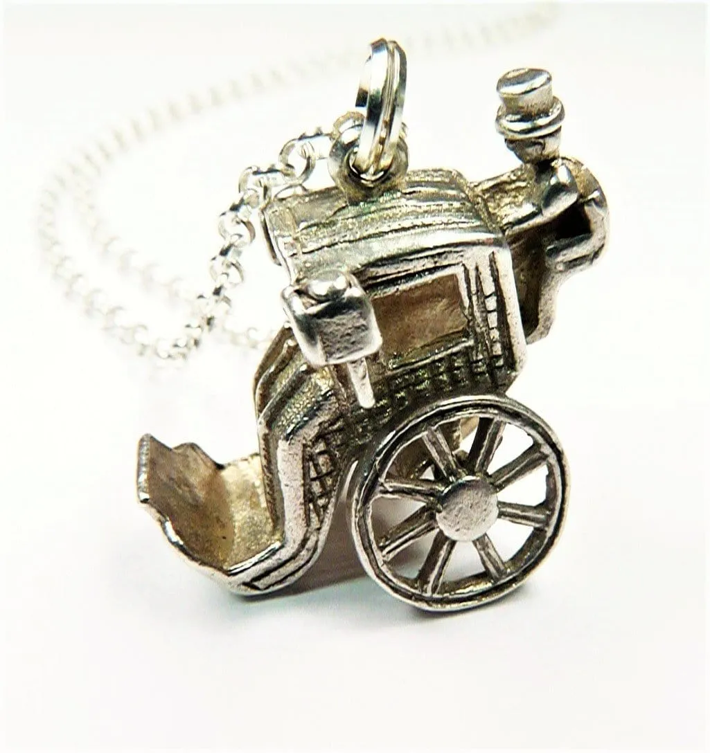 Vintage Sterling Silver Carriage Pendant Necklace 1970s Silver Coach Lucky Charm