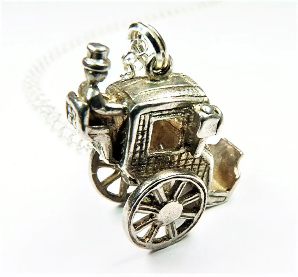 Vintage Sterling Silver Carriage Pendant Necklace 1970s Silver Coach Lucky Charm