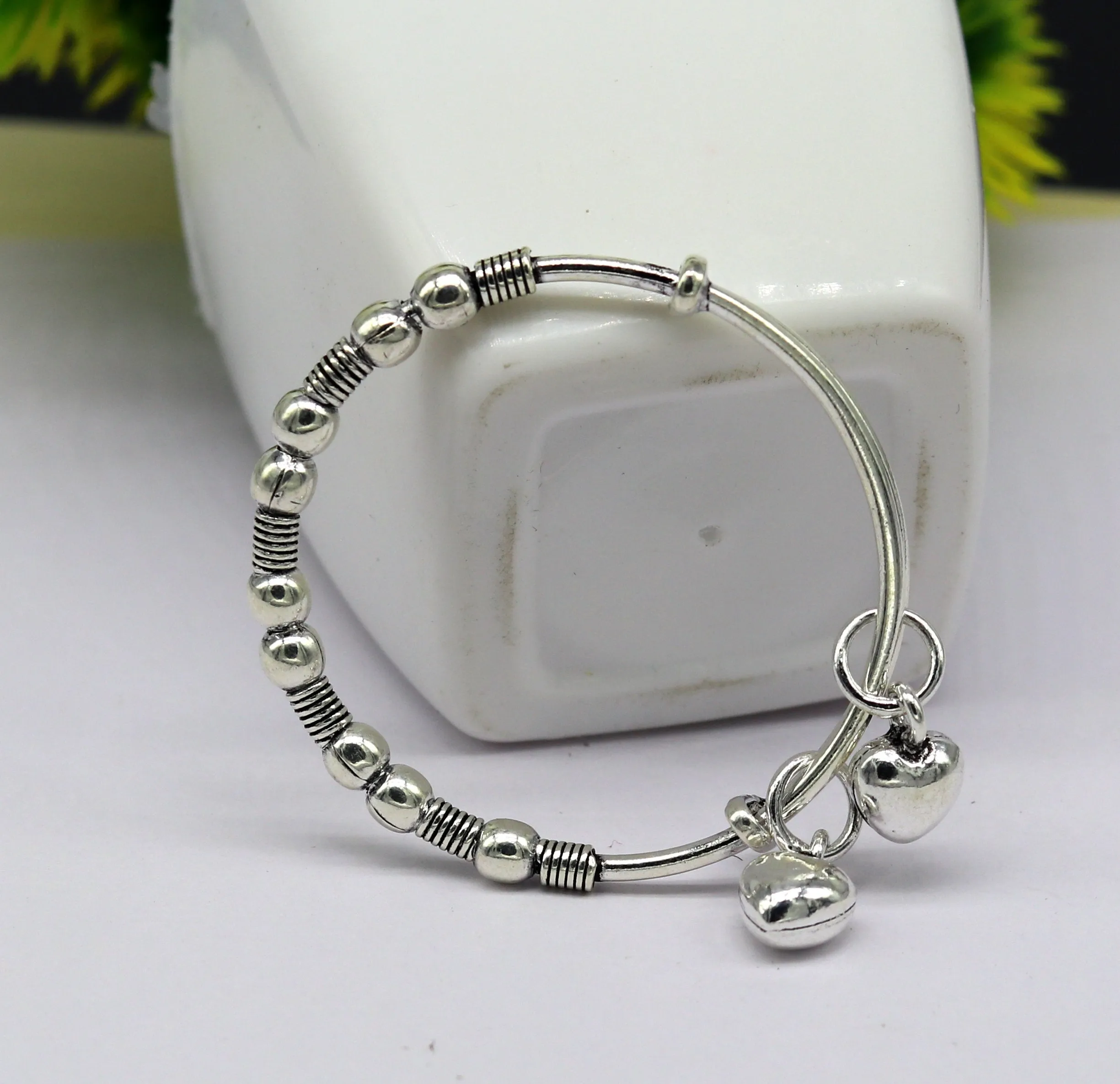 Vintage style oxidized 925 sterling silver exclusive adjustable baby bangle bracelet, charm bangle, tribal unisex kids jewelry  bbk83