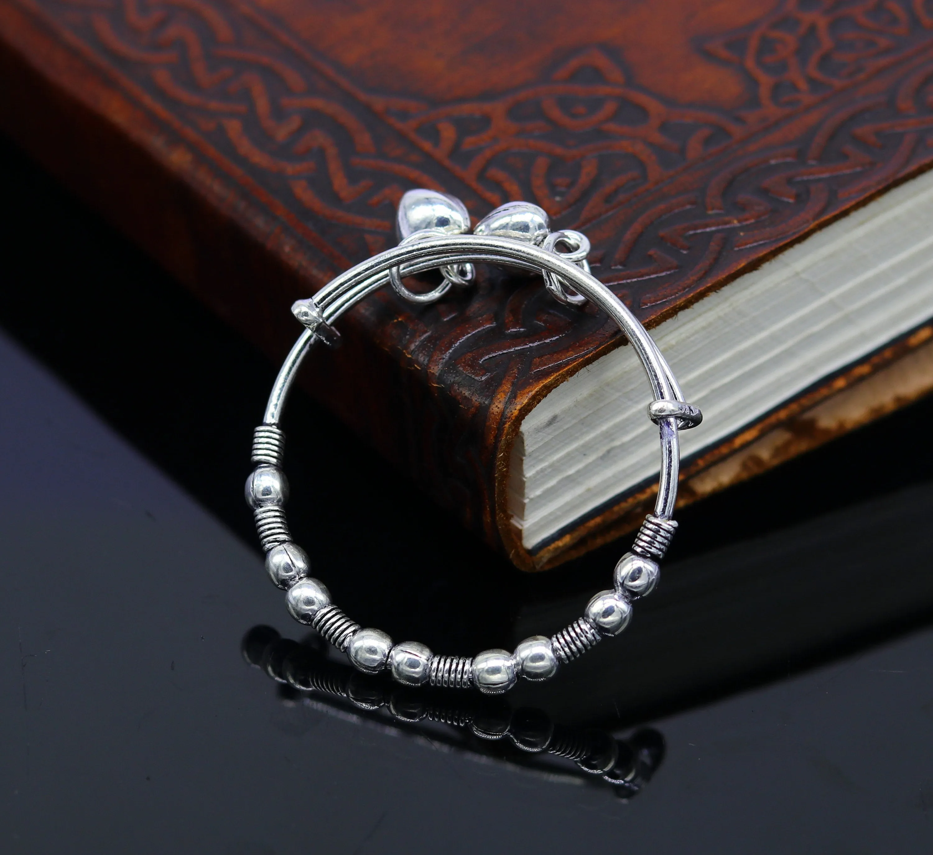 Vintage style oxidized 925 sterling silver exclusive adjustable baby bangle bracelet, charm bangle, tribal unisex kids jewelry  bbk83