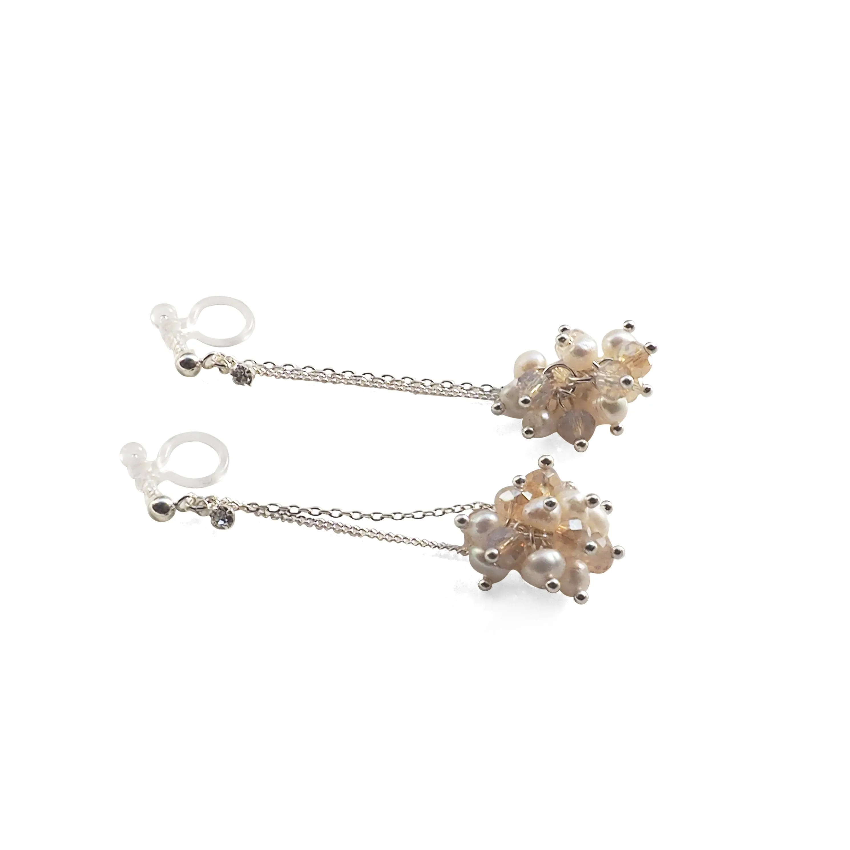 White Freshwater Pearl & Pink Crystal Ball Invisible Clip On Earrings (Silver tone)